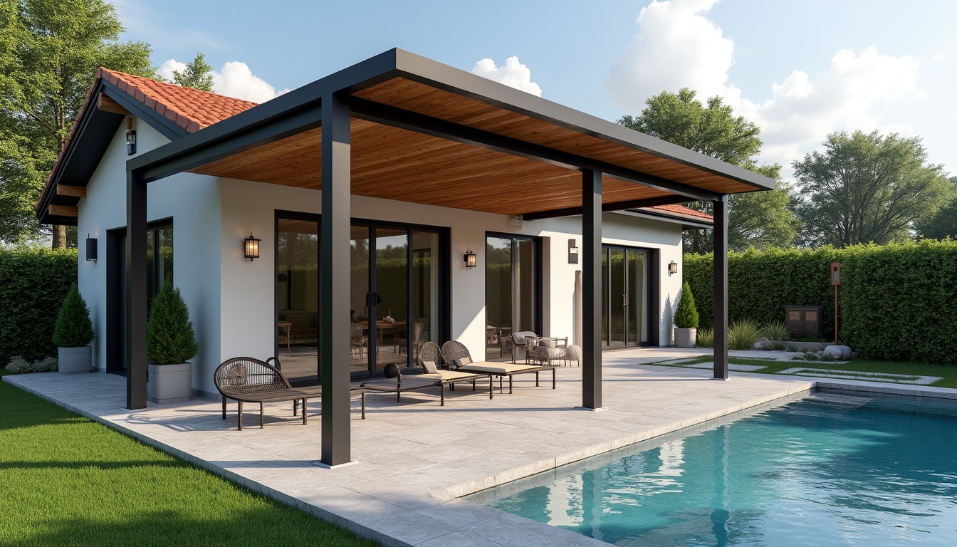 O terasă modernă cu o copertina pergola retractabilă, oferind umbră și protecție.