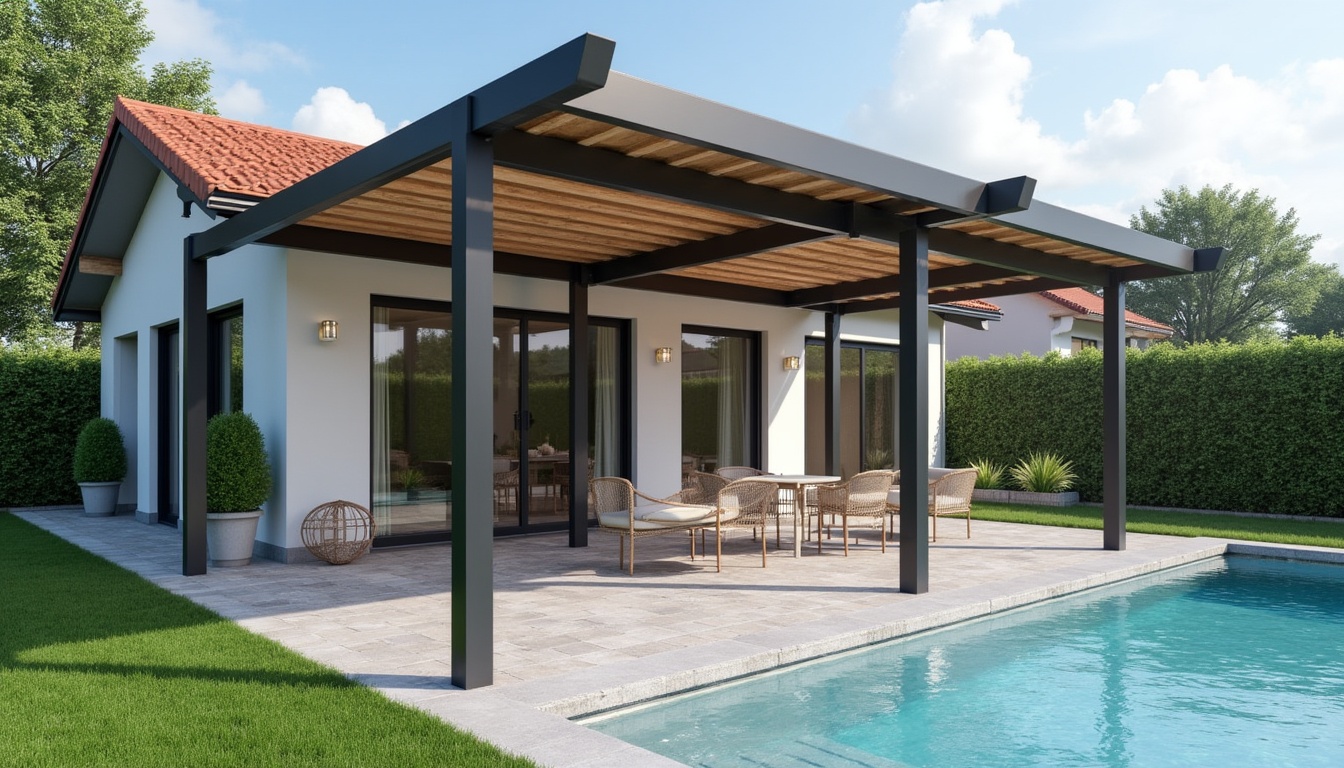 O pergola retractabila Hornbach modernă pe o terasă amenajată, cu mobilier de exterior și plante decorative.